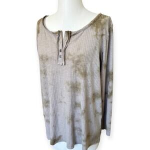 POL Comfy Boho Oversized Henley Long Sleeve Ribbed Knit Top Tan Tie Dyed size M